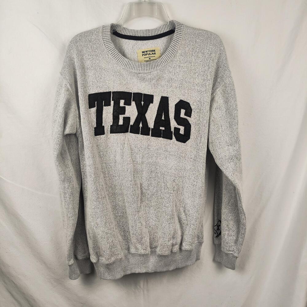 New York Popular Sweater Mens Medium Gray Texas Graphic Crewneck Knit Pullover